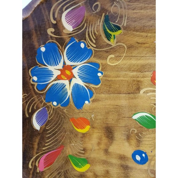 Vintage Wooden Hand Painted Floral Handled Serving Tray Bowl - Mexico - Picture 5 of 8